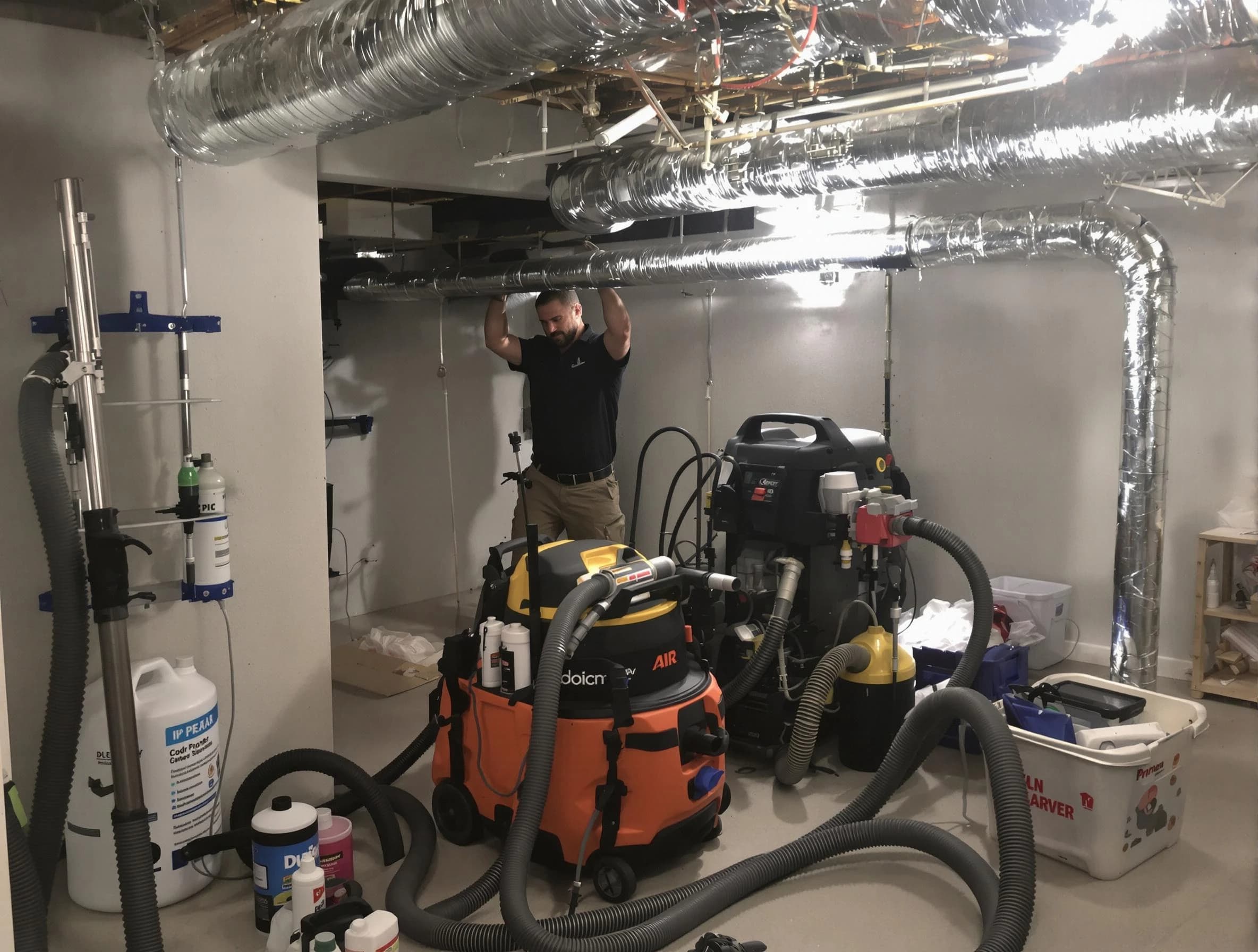 Louisville Air Duct Cleaning specialist performing professional mold removal from air ducts using safety equipment in Louisville